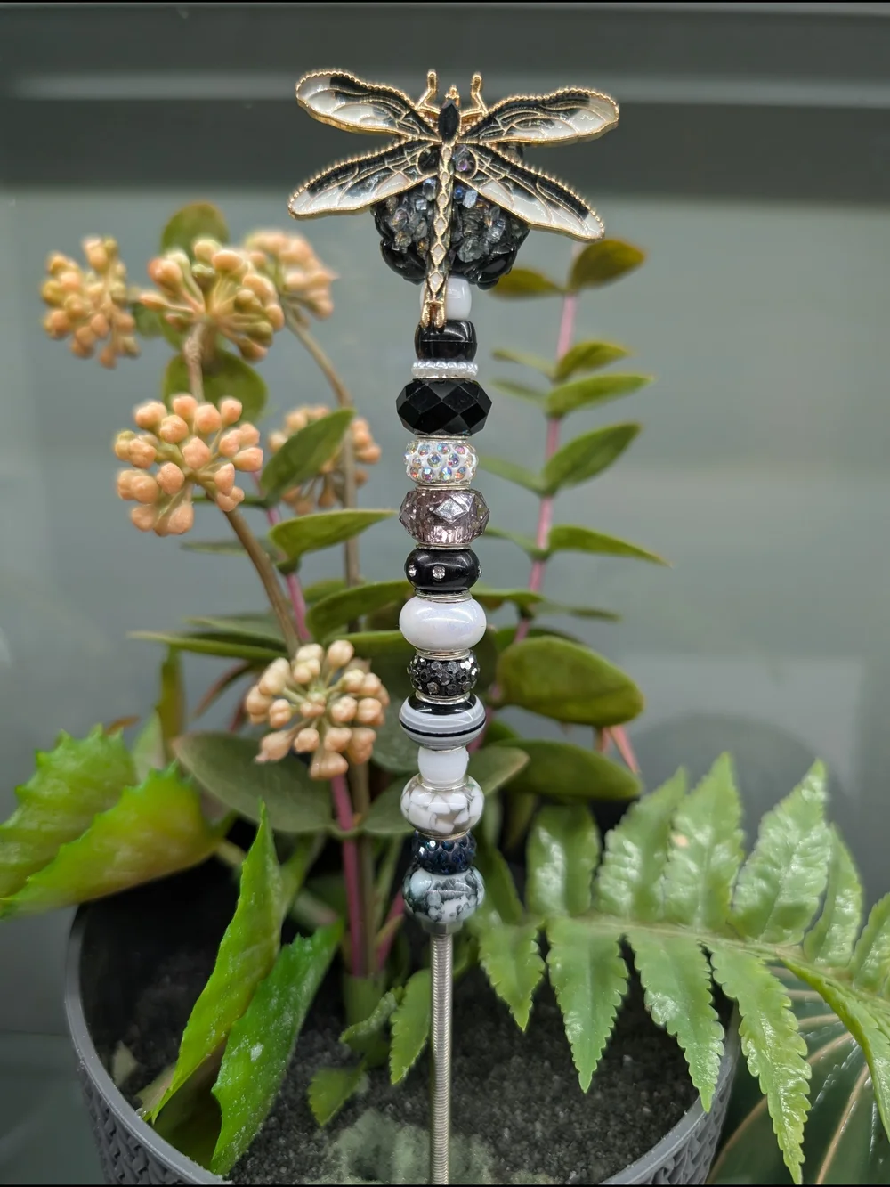 Hand Made Fairy Wand/Plant/Garden Stake W/Enamel Dragonfly Topper